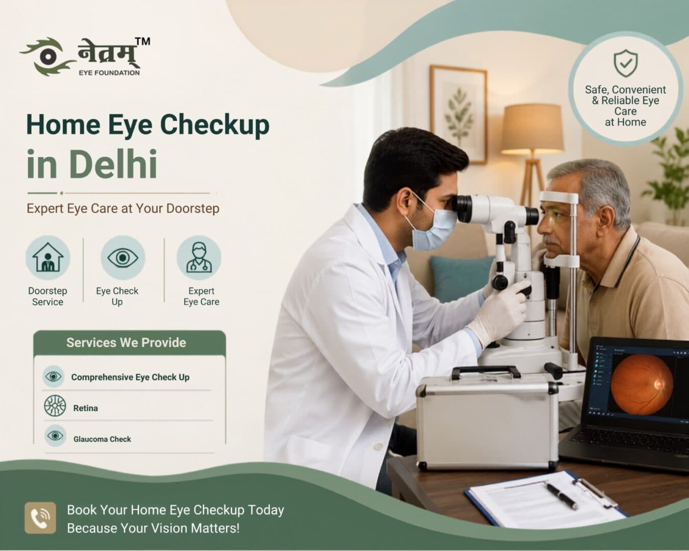 Home Eye Checkup Service in Delhi by Netram Eye Foundation with expert eye doctor performing a complete eye examination at patient's home